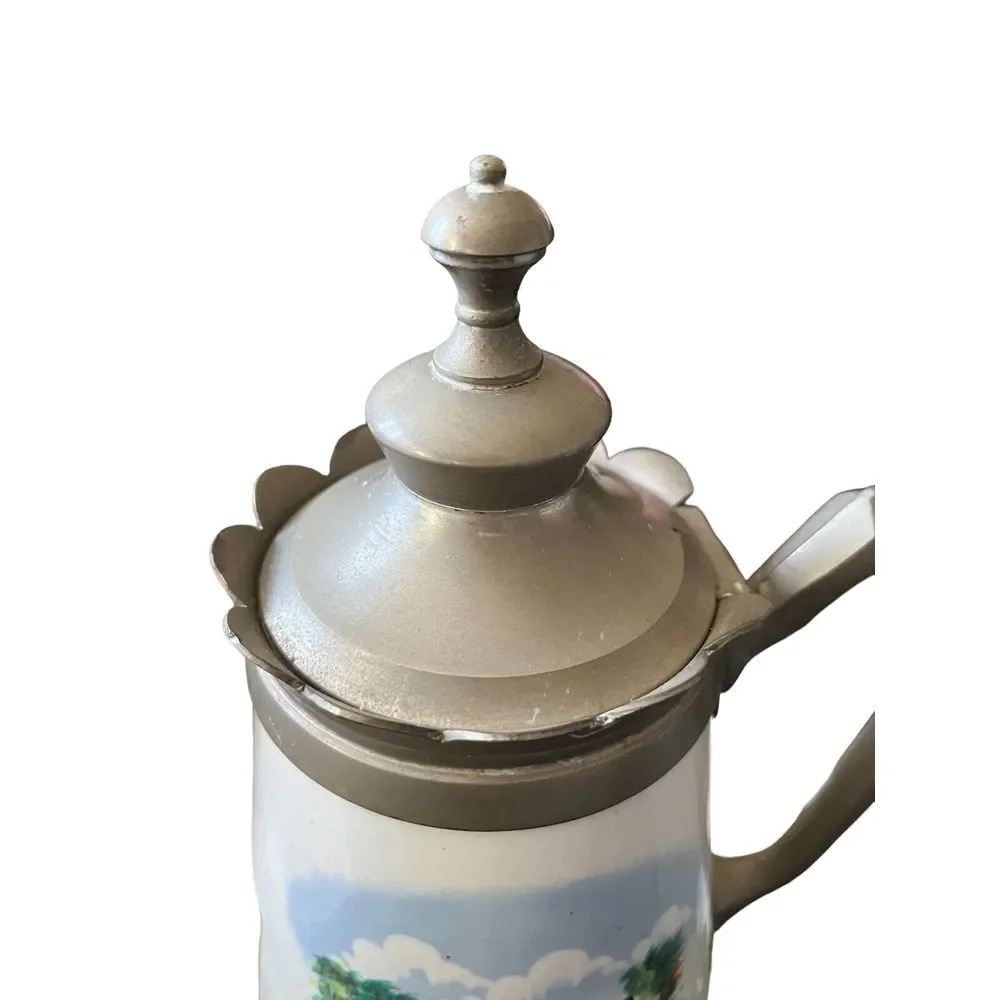 Antique manning & Bowman Graniteware Enameled‎ Coffee Pot w Pewter.